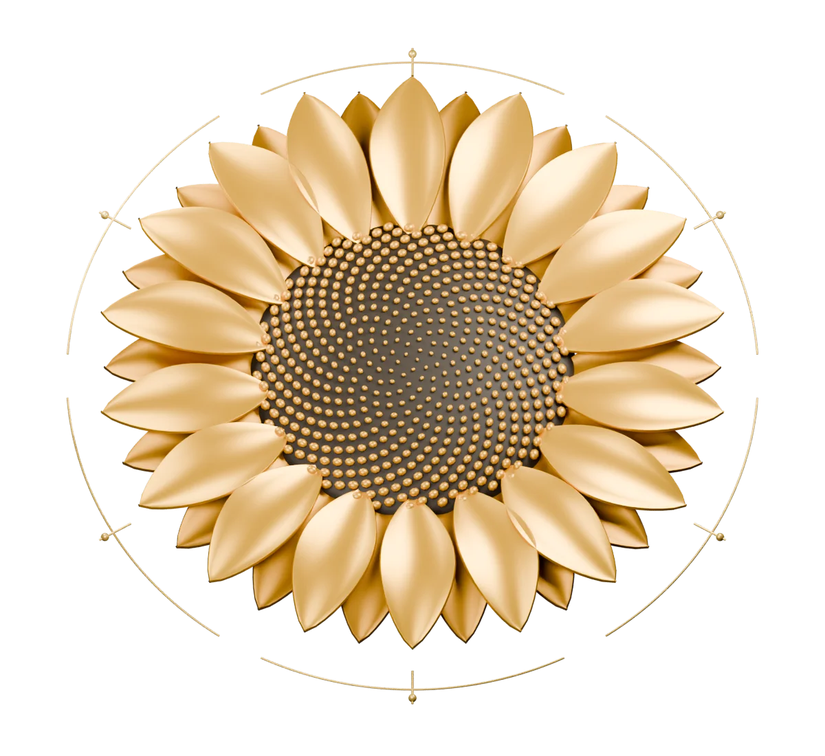 Sculpted gold sunflower with a seed spiral and six petal sections