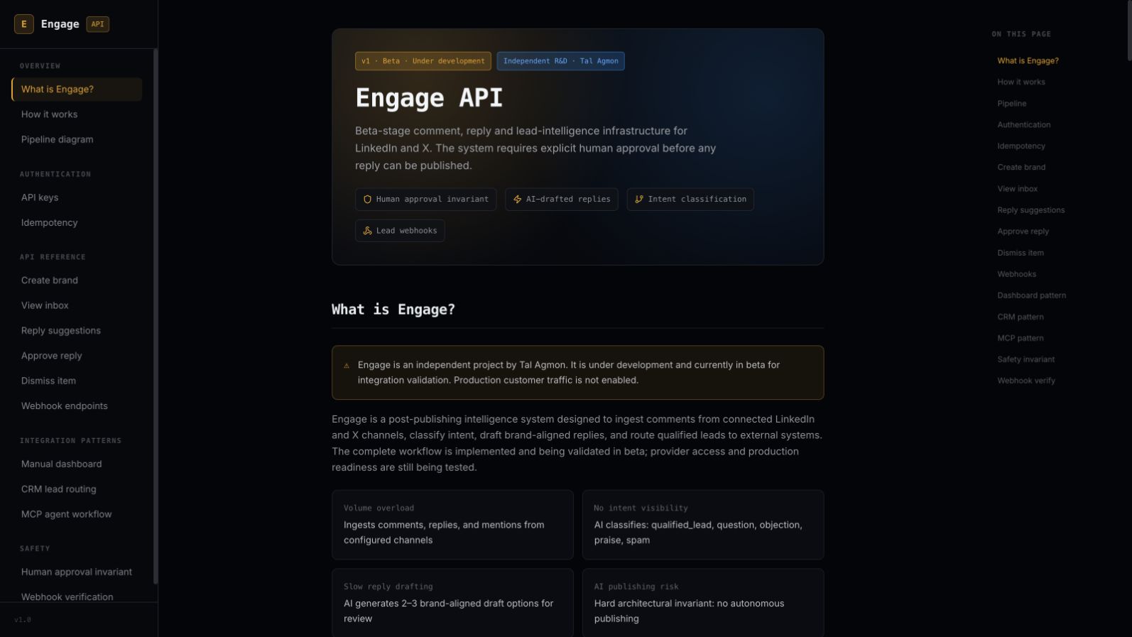 Engage beta developer portal documenting its human-approval boundary